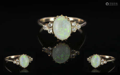 Ladies Gold Opal Ring. Gold Opal Dress Ring Set with 6 White...