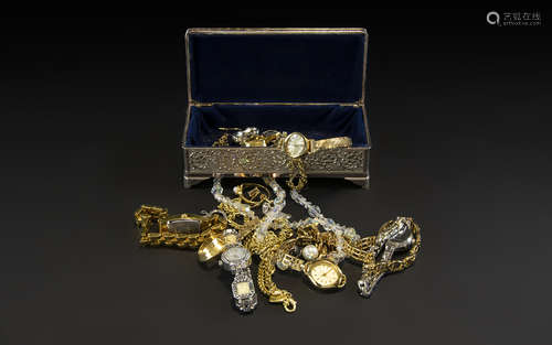 Collection of Costume Jewellery & Watches, housed in a silve...