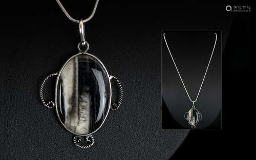 Scottish Agate & Silver Pendant Suspended on Silver Chain. L...