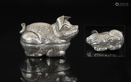 Novelty Chinese Silver Antique Pill Box In the Form of a Pig...