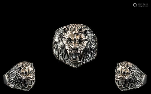 Large and Impressive Silver Ring in the Form of a Roaring Li...