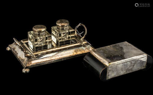 Silver Plated Double Well Desk Inkstand with pen tray, EPNS,...