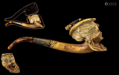 Antique Meerschaum Pipe with Silver Band and Amber, Large Me...