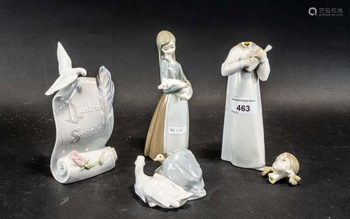 A Collection of 4 Lladro Porcelain Pieces first is a girl ho...