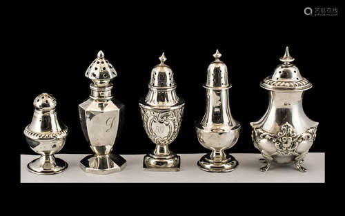 A Small Collection of Antique Period Sterling Silver Peppere...