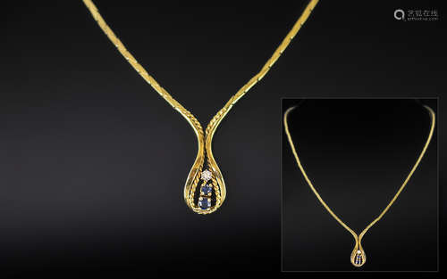 Ladies 9ct Gold Diamond and Sapphire Set Necklace With Drop,...