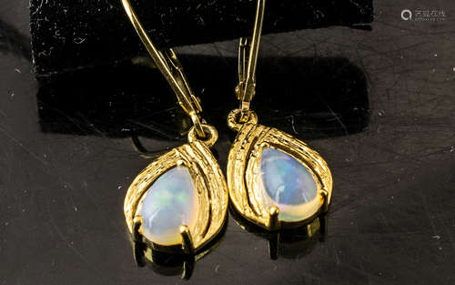 Pair of Opal Drop Earrings, pear cut solitaire opal cabochon...