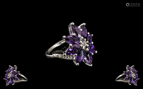 Deep Purple Amethyst Cluster Ring, eight marquise cut amethy...