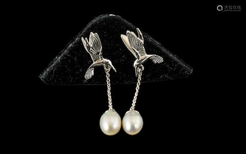 Cultured Fresh Water Pearl 'Bird in Flight' Drop Earrings, e...