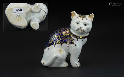 Royal Crown Derby Porcelain Figurine of a Cat, white with de...