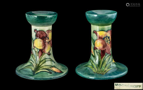 W. Moorcroft Signed Pair of Tube lined Small Candlesticks ' ...