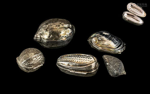 Collection of Silver Pil Boxes In Form of Shells and Nuts. (...