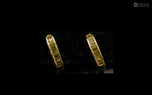 Yellow Diamond J-Hoop Earrings, baguette cut yellow diamonds...