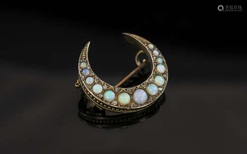 Antique Period 15ct Gold - Crescent Shaped Opal and Diamond ...