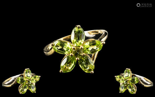 Peridot Flower Cluster Ring, five oval, luscious green perid...