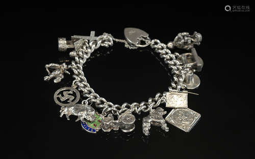 Vintage Sterling Silver Charm Bracelet Loaded with 14 Silver...