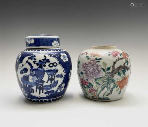 A Chinese porcelain prunus blossom blue and white jar and co...