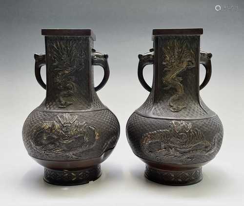 A pair of Chinese bronze vases, 18th/19th century, each deco...