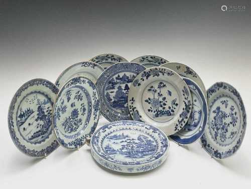 Ten Chinese Export porcelain blue and white plates and a war...