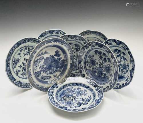 Eight Chinese Export porcelain blue and white shallow bowls,...