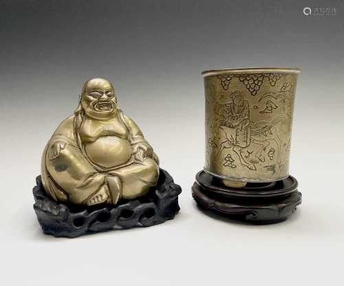A Chinese brass brush pot on stand, 19th century, with Xuand...