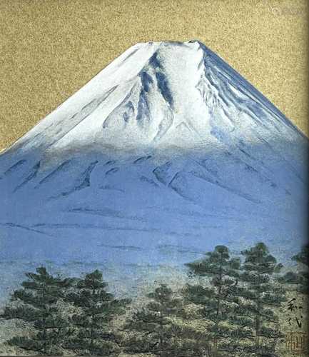 A Japanese Gouache of Mount Fuji, signed, in contempary fram...