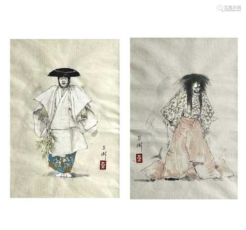 Two Japanese pen and wash drawings depicting noh actors, sig...