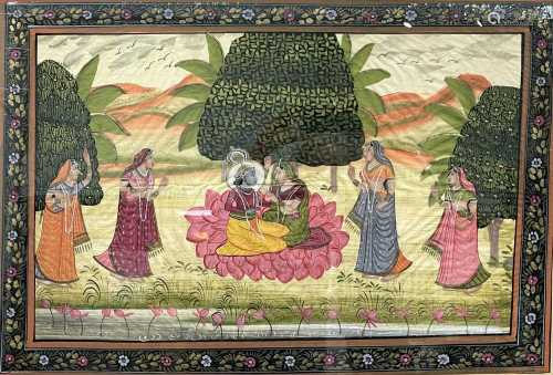 An Indian painting on silk, 20th century, depicting figures ...