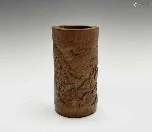 A small Chinese finely carved bamboo brush pot, 19th century...