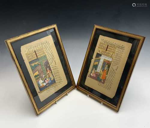 Two islamic illustrated pages, each with calligraphy and pai...
