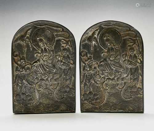 A pair of Chinese brass bookends, early-mid 20th century, he...