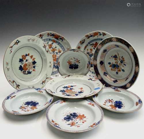 Nine Chinese Imari porcelain dishes, 18th century, large pai...