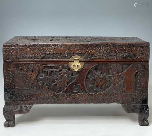 A Chinese carved camphor wood chest, 20th century, height 43...