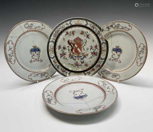 Three Chinese famille rose Armorial porcelain plates, 18th c...