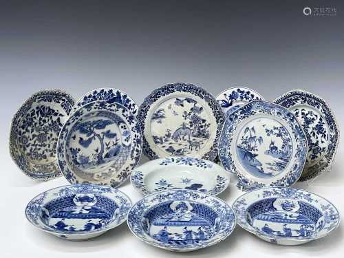 Eleven Chinese porcelain blue and white plates and bowls, 18...