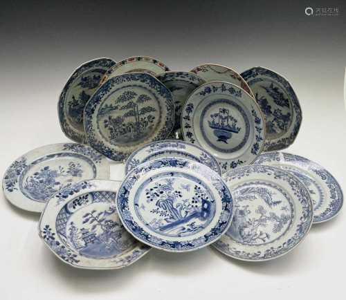 Thirteen Chinese porcelain plates and bowls, 18th century, d...