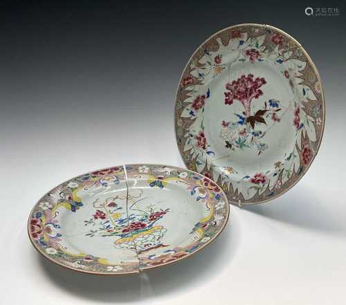 Two large Chinese famille rose porcelain chargers, 18th cent...