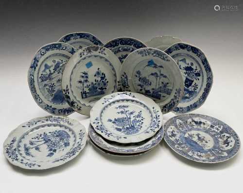 Twelve various Chinese porcelain blue and white plates, 18th...