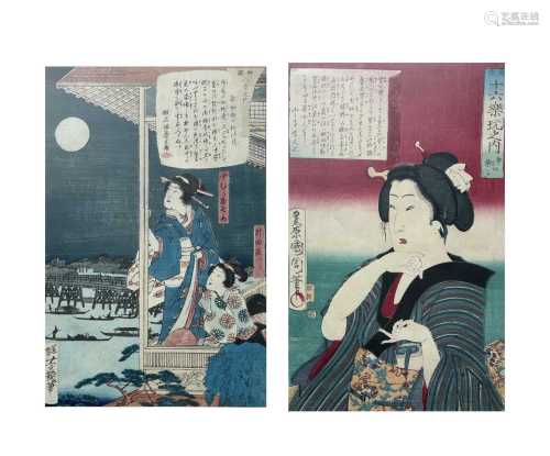 A pair of Japanese original woodblock prints of geisha girls...
