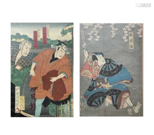 A pair of Japanese original woodblock prints of warriors, in...