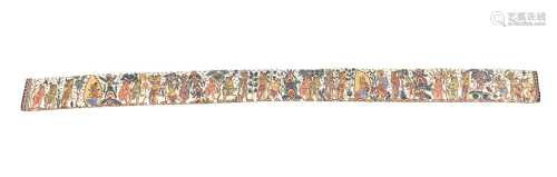 A large Indian painted canvas scroll, circa 1920, 426 x 28cm...