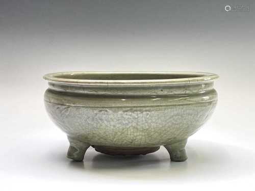 A Chinese Longquan celadon tripod censer, Ming dynasty, with...