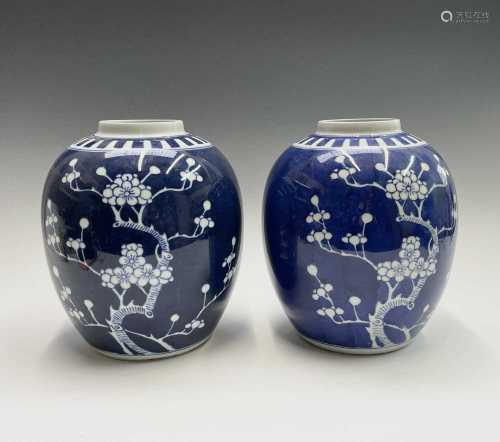 Two Chinese prunus pattern porcelain ginger jars and covers,...