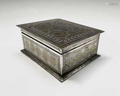 An Indian koftgari steel box, circa 1900, inlaid with gold a...