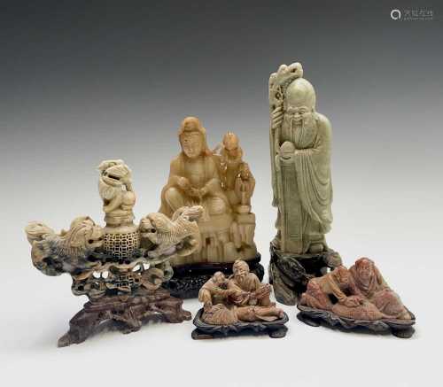 Five Chinese carved soapstone figures, 19th century, height ...
