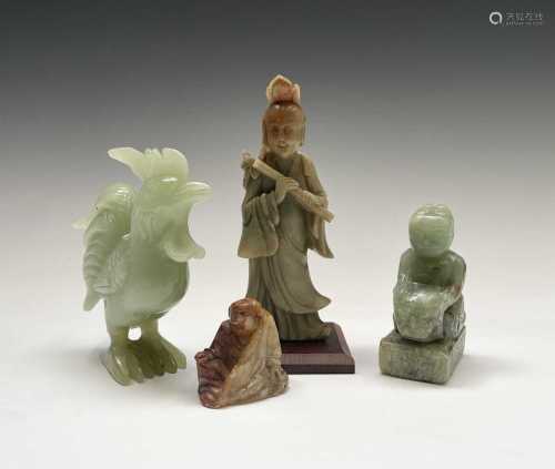 A Chinese green stone seal, with a carved figure atop, heigh...