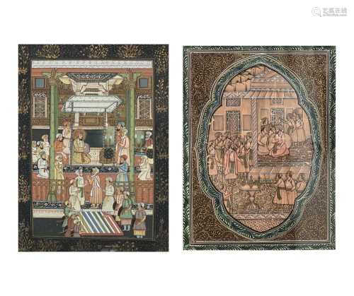 A pair of Islamic paintings on silk of figures in interior s...
