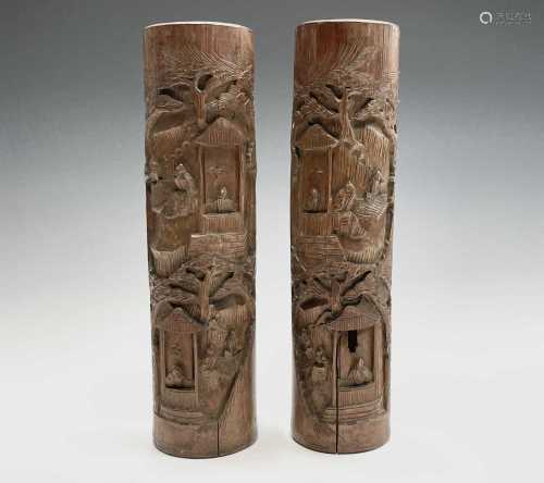 A pair of large Chinese carved bamboo brush pots, 19th centu...