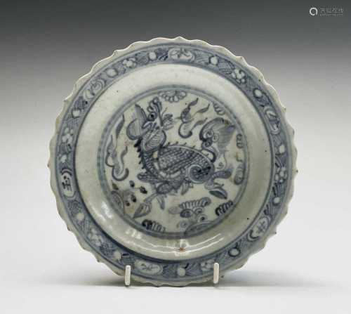 A Chinese blue and white dish, Ming Dynasty, depicting a Qil...