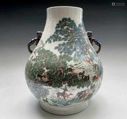 A large Chinese famille rose ‘hundred deer’ vase, 20th centu...